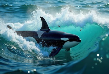 Obraz premium orca fins breaking ocean surface waves dynamic marine scene aquatic wildlife nature harmony, water, sea, fish, pod, foam, motion, energy, ecosystem, creature