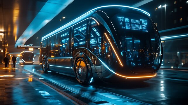 Futuristic bus in night city transit station