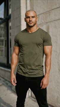 Confident muscular man posing outdoors against urban wall in casual clothing