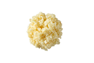 A top down view of a pile of minced garlic, against a white background.