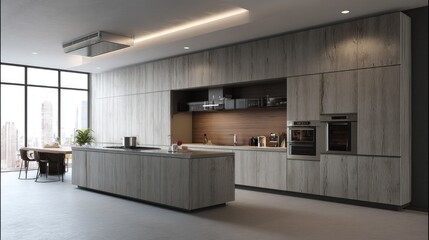 Modern modular kitchen with sleek surfaces, integrated appliances, and a functional, streamlined design 