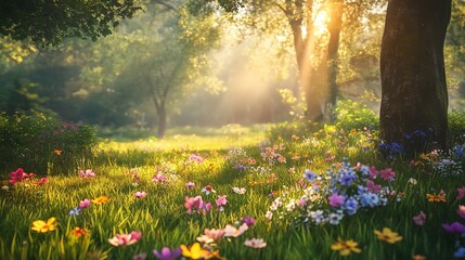 Obraz premium Beautiful Spring Meadow Sunlight Flowers Nature Scene Vibrant Colors Lush Green Grass Tranquil Peaceful Serene Summer Daytime Outdoor Background Image