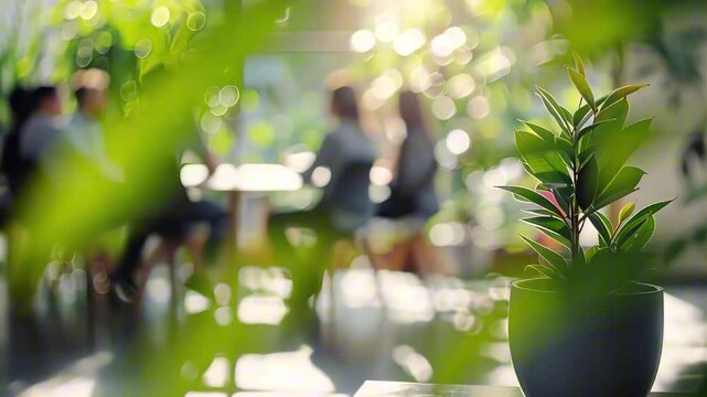 Group of people in business meeting blurred behind potted plant in sunlit office. Concept of natural workspaces and modern collaboration