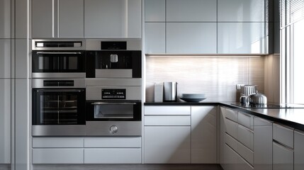 Modern modular kitchen with sleek surfaces, integrated appliances, and a functional, streamlined design 