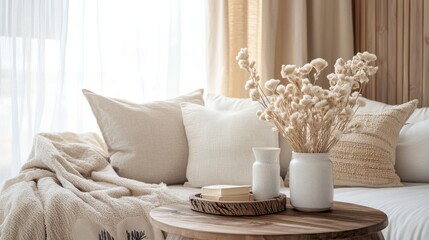 Cozy Living Room Decor with Dried Flowers and Soft Textiles