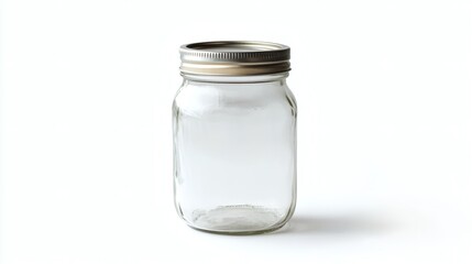 Clear Glass Mason Jar with Metal Screw-On Lid on White Background in High-Contrast Product Photography

