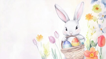 Obraz premium Easter bunny holding a basket of eggs, surrounded by flowers, watercolor style.