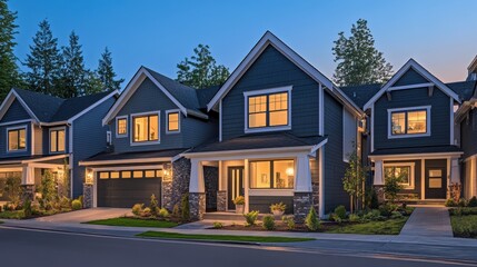 Modern Residential Houses at Dusk with Warm Exterior Lighting
