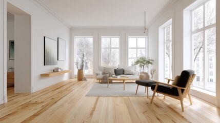 Modern Scandinavian living room with light wood floors, white walls, and minimalist furniture 