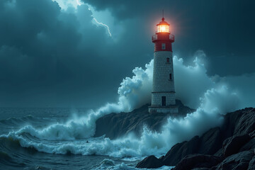 The powerful lighthouse withstands the fury of the hurricane.