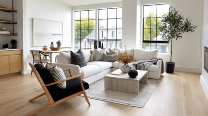 Modern Scandinavian living room with light wood floors, white walls, and minimalist furniture 