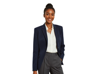Business portrait isolated on white transparent background: A confident woman with dark skin smiles directly at the camera while wearing a navy blazer, white shirt, and grey trousers in a minimalist