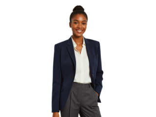Business portrait isolated on white transparent background: A confident woman with dark skin smiles directly at the camera while wearing a navy blazer, white shirt, and grey trousers in a minimalist
