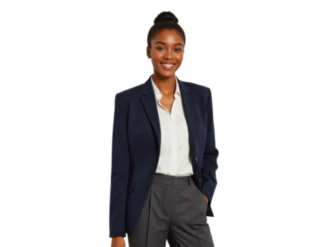 Business portrait isolated on white transparent background: A confident woman with dark skin smiles directly at the camera while wearing a navy blazer, white shirt, and grey trousers in a minimalist