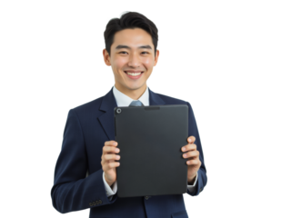 Business portrait isolated on white transparent background: A smiling Asian man in a navy suit and tie confidently presents a tablet to the viewer against a plain white background.