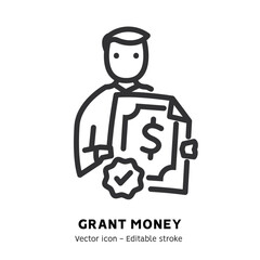 Taking grant or scholarship money icon. Student pay education loan. Concept of grant certificate, university and college fee, study fund, scholarship money flat outline icon. Editable stroke