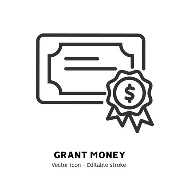 Taking grant or scholarship money icon. Student pay education loan. Concept of grant certificate, university and college fee, study fund, scholarship money flat outline icon. Editable stroke