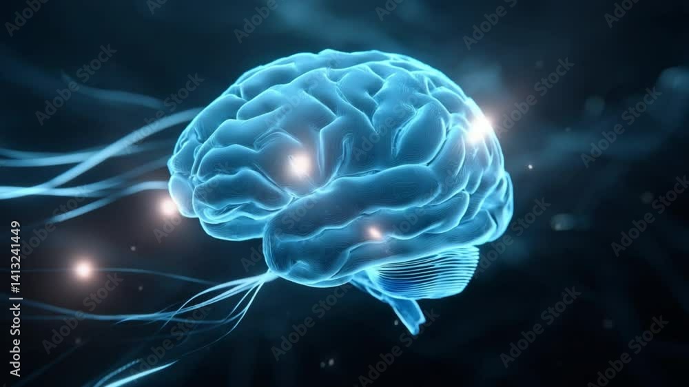 Poster a blue ai brain with digital stream lines surrounding it, glowing softly on a virtual data backgroun