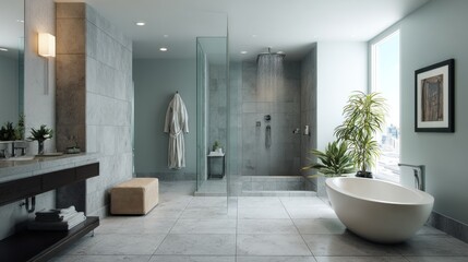 Modern spa-inspired bathroom with rain shower, freestanding tub, and a serene color palette.  
