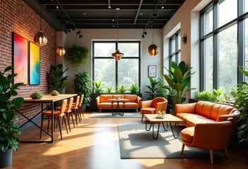 Fototapeta premium modern coworking space vibrant decor open workspace collaborative environment creative design comfort, office, furniture, interior, ambiance, collaboration