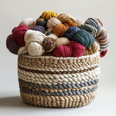 Obraz premium Colorful Yarn Collection in a Handmade Knitting Basket for Cozy Crafting Sessions