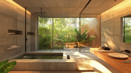 Modern sustainable home interior with recycled materials, energy-efficient fixtures, and a minimalist design. 