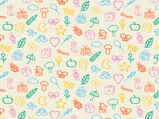 Fun cute seamless pattern of kids colorful stickers, icons. Hand drawn doodles sketch children's elements. Сhildren's draw style design elements