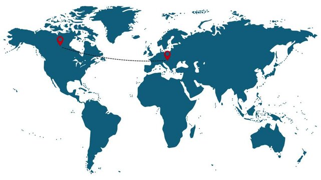 World map graphic representation in blue and red illustrating connection between North America and Europe with copy space