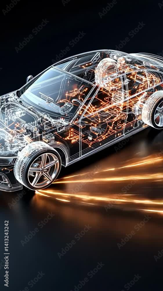 Aufkleber Wireframe automotive model accelerating across dark surface, rendering internal mechanical structure with glowing orange energy trail visualizing technological innovation and performance dynamics