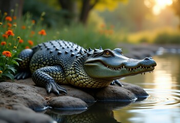 Fototapeta premium sharp toothed crocodile resting riverbank rocks serene body water natural habitat wildlife, nature, riverside, ecosystem, landscape, serpent, scope, waterway