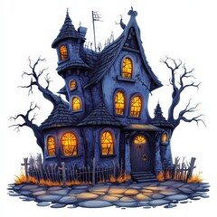 Spooky Haunted House Illustration With Glowing Windows and Eerie Atmosphere on White Background