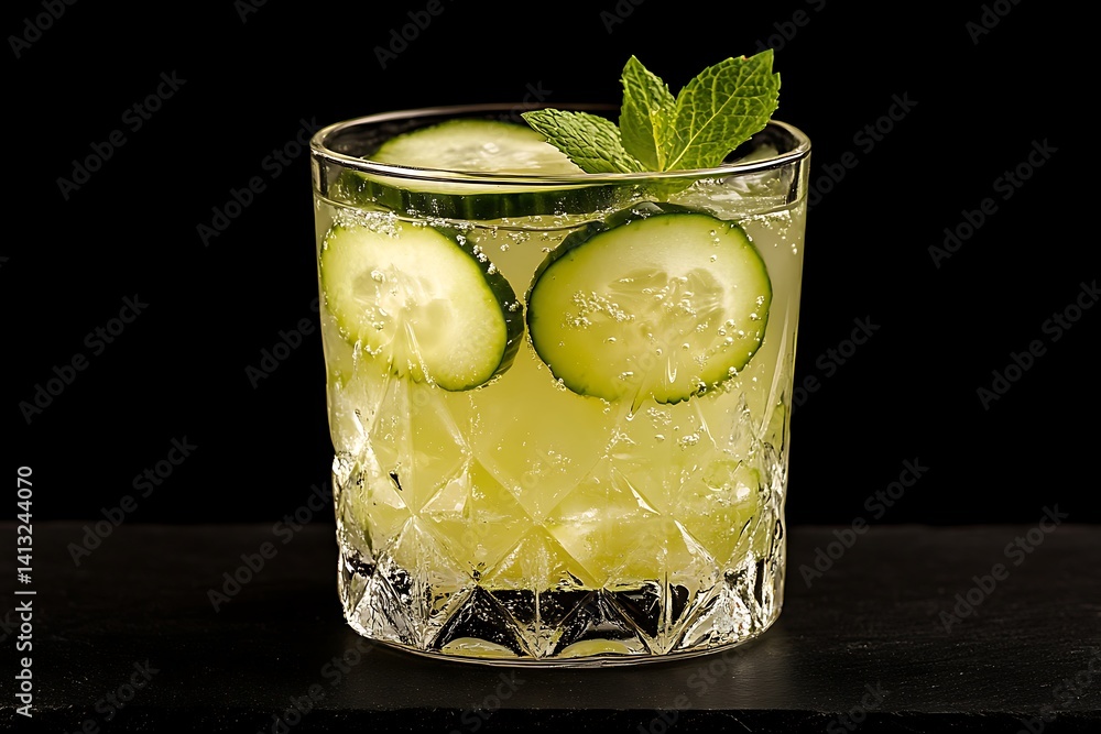 Poster a refreshing cucumber mint cooler in a transparent glass, with cucumber slices and mint leaves float