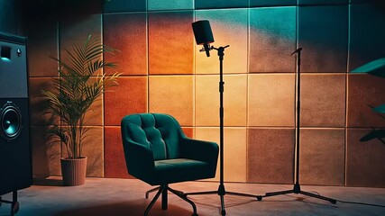 Studio Recording Setup with Green Chair and Warm Lighting