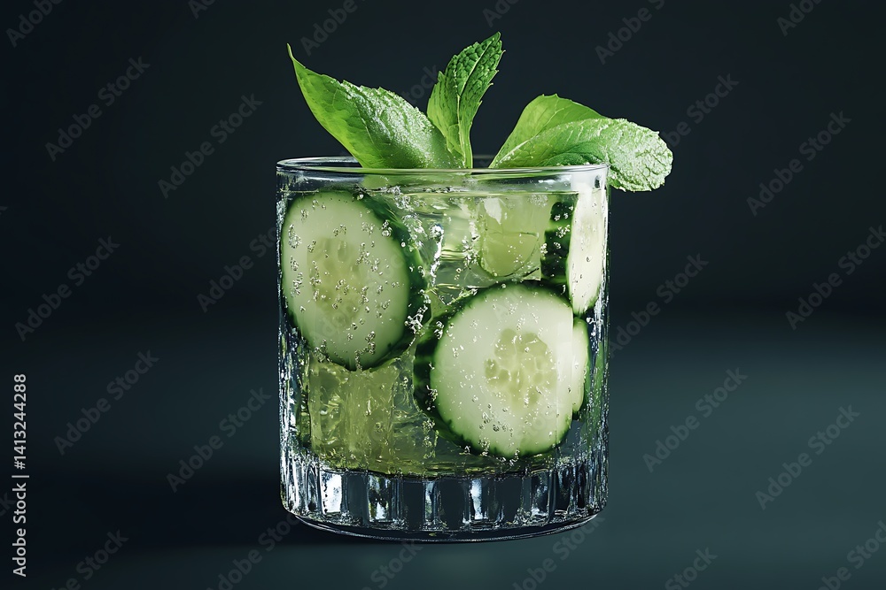 Poster a refreshing cucumber mint cooler in a transparent glass, with cucumber slices and mint leaves float