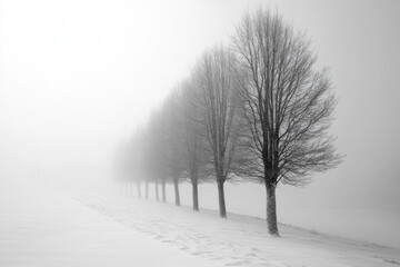 Fototapeta premium Row of snow-covered trees standing tall in a winter forest, creating a serene and picturesque landscape.