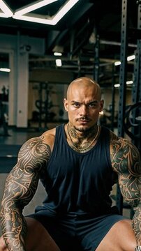 Muscular tattooed man athlete resting in gym