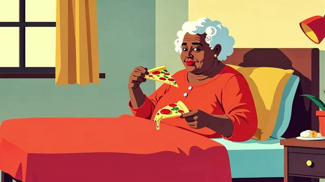 Elderly woman eating pizza sitting on her bed in her bedroom, cartoon vector style