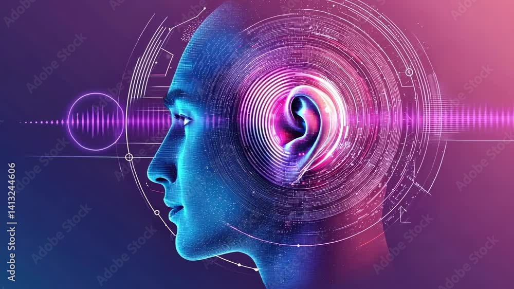 Poster sound waves are entering a human ear and transforming into data, visualized by a circular graphic lo