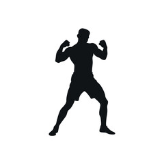 Silhouette Of Confident Muscular Man Flexing Biceps In Ready Stance Against White Background Depicting Strength And Determination