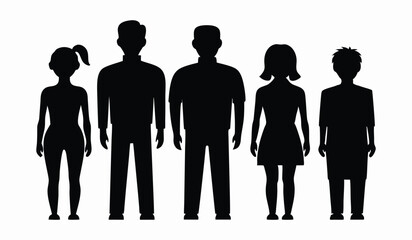 Vector silhouettes of men and a women, a group of standing business people, black color isolated on white background