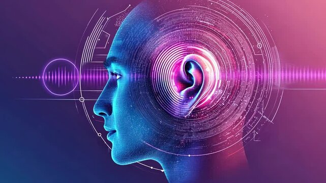 Sound waves are entering a human ear and transforming into data, visualized by a circular graphic located in the head, changing colors from blue to purple