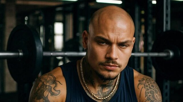 Tattooed muscular man staring intensely in gym with barbell background, fitness motivation concept