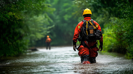A group of rescue workers wearing protective gear walks through a flooded forest path during an emergency response. Concept of courage, climate disaster, and community protection during natural emerge
