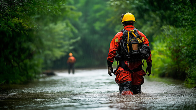 A group of rescue workers wearing protective gear walks through a flooded forest path during an emergency response. Concept of courage, climate disaster, and community protection during natural emerge