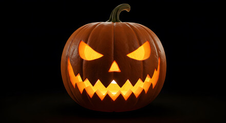 Obraz premium Carved pumpkin with internal light, black minimalist background