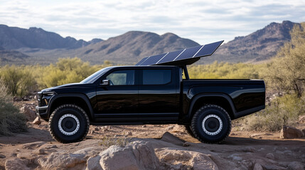 Side view of a black off-road pickup truck with oversized tires and a solar panel roof, set against a backdrop of rocky terrain, showcasing its durability and eco-friendly features