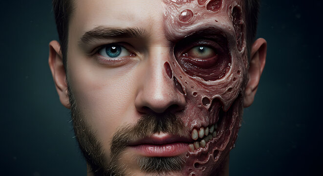 Human face half zombie half normal, hyper-realistic style