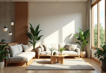 modern minimalistic living room design greenery accents stylish interior decor aesthetic comfortable space natural elements, minimalism, furniture, plants