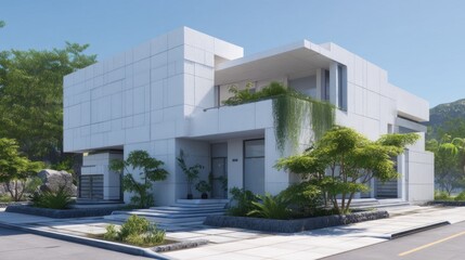 Modern urban exterior with clean lines, integrated landscaping, and a minimalist, futuristic design. 
