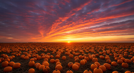 Obraz premium Pumpkin field at sunset with dramatic sky